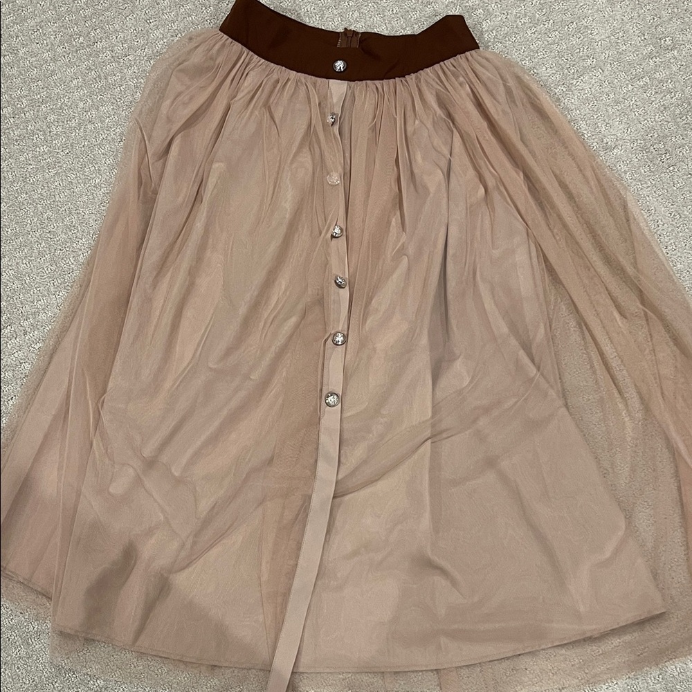 Beige Tulle A-Line Skirt with Contrasting Brown Waistband